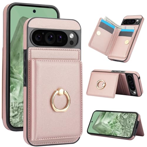 Oduio Handyhülle für Google Pixel 9 Pro/Google Pixel 9 [RFID Schutz] Hülle PU Leder Klappbare Geldbeutel mit 360° Drehbarer Ring Halter Ständer Schutzhülle Wallet [Kartenfach] Handytasche Case - Rosa von Oduio