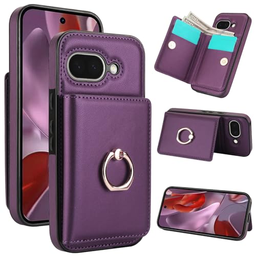 Handyhülle für Google Pixel 9a 6.3 zoll 2025 Hülle [RFID Schutz] Case PU Leder Klappbare Geldbeutel mit 360° Drehbarer Ring Halter Ständer Schutzhülle Wallet [Kartenfach] Handytasche -Dunkelviolett von Oduio