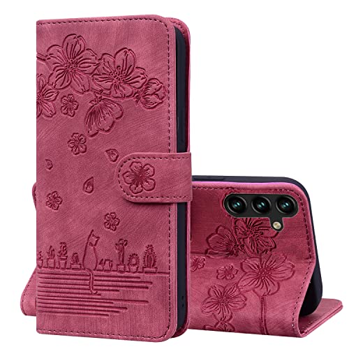 Oduio Handyhülle für Samsung Galaxy A14 4G/5G Handytasche Leder Ständer Kartenfach Schutzhülle mit Magnetisch Klapphülle Case für Galaxy A14 4G/5G Tasche, Rote Katze von Oduio