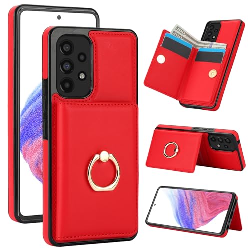 Oduio Handyhülle für Samsung Galaxy A53 5G / 4G [RFID Schutz] Hülle PU Leder Klappbare Geldbeutel mit 360° Drehbarer Ring Halter Ständer Schutzhülle Wallet [Kartenfach] Handytasche Case Cover -Rot von Oduio