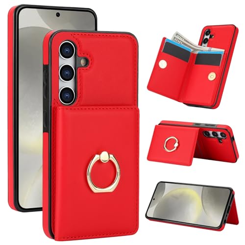 Oduio Handyhülle für Samsung Galaxy S24 FE 5G 2024 [RFID Schutz] Hülle PU Leder Klappbare Geldbeutel mit 360° Drehbarer Ring Halter Ständer Schutzhülle Wallet [Kartenfach] Handytasche Case Cover -Rot von Oduio