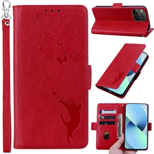 Oduio Handyhülle für iPhone 14 Premium Lederhülle Klappbar Tasche Standfunktion mit Magnetverschluss Filp Case Schutzhülle für iPhone 14 - Rot von Oduio