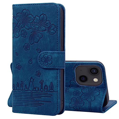 Oduio Handyhülle für iPhone 15 Handytasche Leder Ständer Kartenfach Schutzhülle mit Magnetisch Klapphülle Case für iPhone 15 Tasche, Blaue Katze von Oduio
