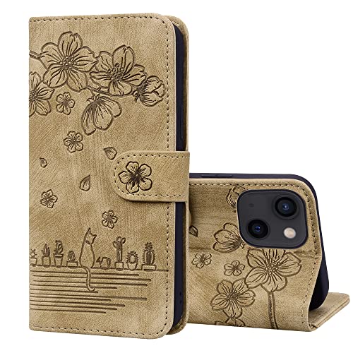 Oduio Handyhülle für iPhone 15 Handytasche Leder Ständer Kartenfach Schutzhülle mit Magnetisch Klapphülle Case für iPhone 15 Tasche, Braune Katze von Oduio