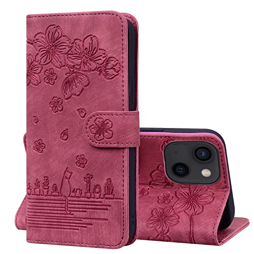 Oduio Handyhülle für iPhone 15 Handytasche Leder Ständer Kartenfach Schutzhülle mit Magnetisch Klapphülle Case für iPhone 15 Tasche, Rote Katze von Oduio