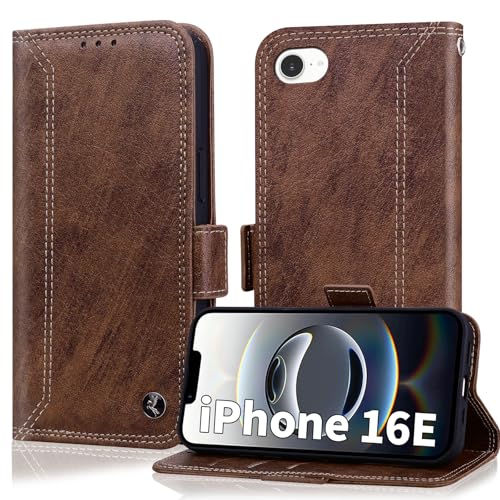 Oduio Handyhülle für iPhone 16e 6.1 Zoll Hülle 2025 [RFID Schutz] Premium PU Leder Vintage Schutzhülle Double Stitch Business klapphülle Case Wallet Cover [Kartenfach] [Standfunktion] -Braun von Oduio