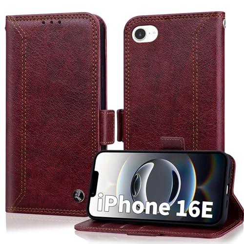 Oduio Handyhülle für iPhone 16e 6.1 Zoll Hülle 2025 [RFID Schutz] Premium PU Leder Vintage Schutzhülle Double Stitch Business klapphülle Case Wallet Cover [Kartenfach] [Standfunktion] -Weinrot von Oduio