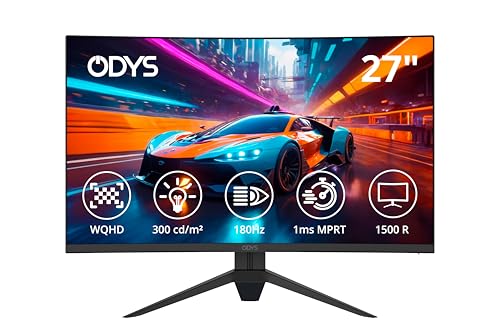 ODYS Gaming Monitor Q27-X - 27 Zoll (69 cm), Curved (1500R), 180 Hz, WQHD (2.560x1.440 px), 1ms Reaktionszeit (MPRT), HDR, FreeSync/G-Sync komp., Eye Care, HDMI, DP, 3,5mm Audio von Odys
