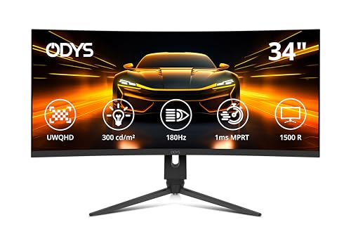 ODYS Gaming Monitor XP34 PRO-X - 34 Zoll (86 cm), Curved (1500R), 180 Hz, UWQHD (3.440x1.440 px), 1ms Reaktionszeit (MPRT), HDR, FreeSync/G-Sync komp., Eye Care, HDMI, DP, 3,5mm Audio von Odys
