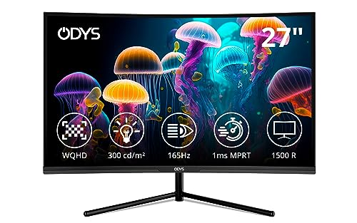 ODYS Q27 69cm (27") WQHD Curved Office & Gaming Monitor (2.560x1.440 Pixel, 300 cd/m², 165 Hz, 1ms Reaktionszeit, 1500R Radius, Free Sync, HDR, Blaulicht Reduktion, HDMI, Display Port, 3,5mm Audio) von Odys