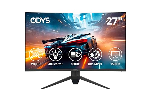 ODYS Q27 PRO-X - Curved Gaming Monitor 27 Zoll (69 cm), 180 Hz, WQHD (2.560x1.440 px), 1ms Reaktionszeit (MPRT), HDR, 1500R, FreeSync/G-Sync kompatibel, Eye Care, HDMI, Display Port, 3,5mm Audio von Odys