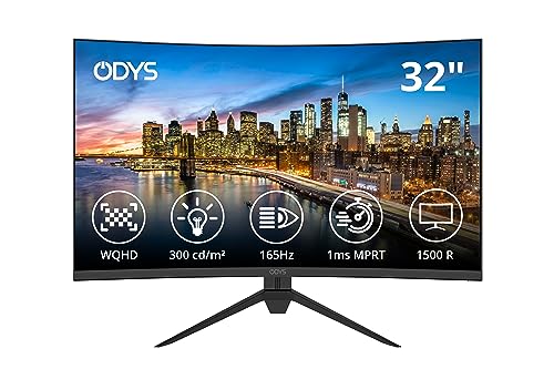 ODYS XP32 80cm (32") WQHD Curved Monitor (2.560x1.440 Pixel, 165Hz, 1ms Reaktionszeit, AMD FreeSync, NVIDIA G-Sync kompatibel, Blaulicht Reduktion, HDMI, Display Port,) Schwarz von Odys
