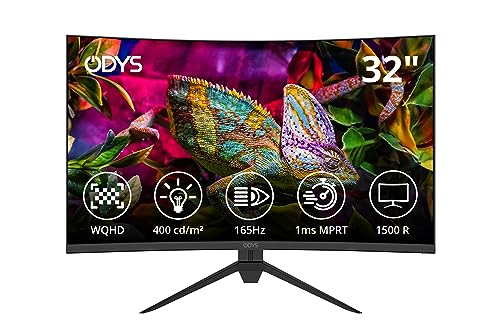 Odys XP32 PRO 80cm (32") WQHD Curved Gaming Monitor (2.560 x 1.440 Pixel, 400 cd/m², 165 Hz, 1ms Reaktionszeit, AMD Free Sync, NVIDIA G-Sync kompatibel, HDMI, Display Port, 3,5mm Audio) von Odys