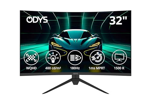 Odys XP32 PRO-X - Curved Gaming Monitor 32 Zoll (80 cm), 180 Hz, WQHD (2.560x1.440 px), 1ms Reaktionszeit, HDR, 1500R, FreeSync/G-Sync kompatibel, Eye Care, HDMI, Display Port, 3,5mm Audio von Odys