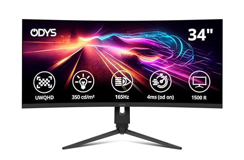 ODYS XP34 PRO 86cm (34") UWQHD Curved Gaming Monitor (3.440 x 1.440 Pixel, 165 Hz, 1ms Reaktionszeit, 1500R Radius, AMD Free Sync, NVIDIA G-Sync Compatible, HDMI 2.1, Display Port, 3,5mm Audio) von Odys