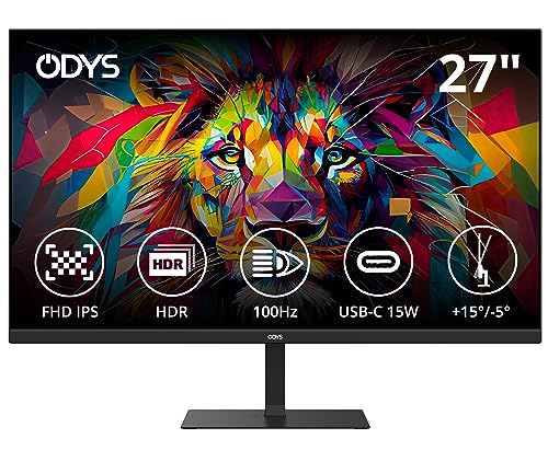 ODYS i27 Monitor - 27-Zoll-Bildschirm im rahmenlosen Design, Full HD, 100 Hz, mit HDR, IPS Panel, FreeSync, HDMI, USB-C, 3,5mm Audio von Odys