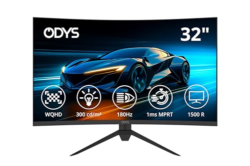 ODYS Gaming Monitor XP32-X - 32 Zoll (80 cm), Curved (1500R), 180 Hz, WQHD (2.560x1.440 px), 1 ms Reaktionszeit (MPRT), HDR, FreeSync/G-Sync komp., Eye Care, HDMI, DP, 3,5mm Audio von Odys