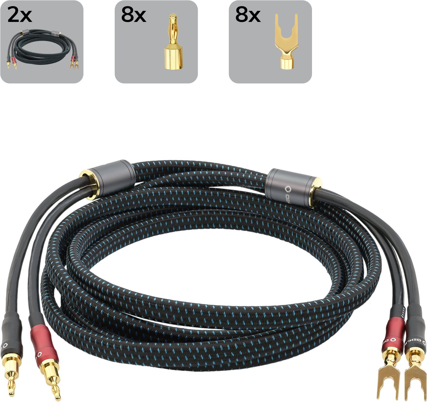 Oehlbach Transform Dual-Plug Exzellent Lautsprecherkabel Set Banana/Kabelschuh Audio-Kabel, 2 x Bananen Stecker, 2 x Kabelschuh, 2 x Bananen Stecker, 2 x Kabelschuh (200 cm), Hochwertiges Kupfer, Flexibel von Oehlbach