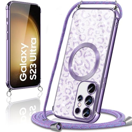 Oelrstfe Frauen Mädchen Handykette für Samsung Galaxy S23 Ultra Hülle Glitzer mit Band,Handyhülle Dünn Stoßfest mit Kette,Sturzfest Glitter Kordel Umhängen Schutzhüllen für Leopard Schnur Case,Violett von Oelrstfe