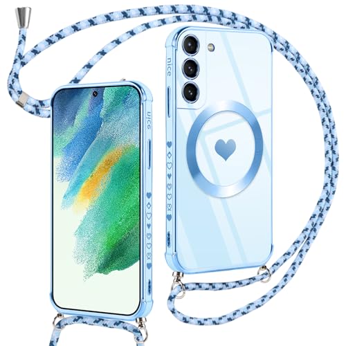 Oelrstfe Handykette Handyhülle für Samsung Galaxy S21 FE 5G Hülle Magnetisch mit Band kompatibel mit Magsafe,TPU Silikon Herz Case mit Kordel zum Umhängen Abnehmbar Stoßfest Schutzhülle, Blau von Oelrstfe