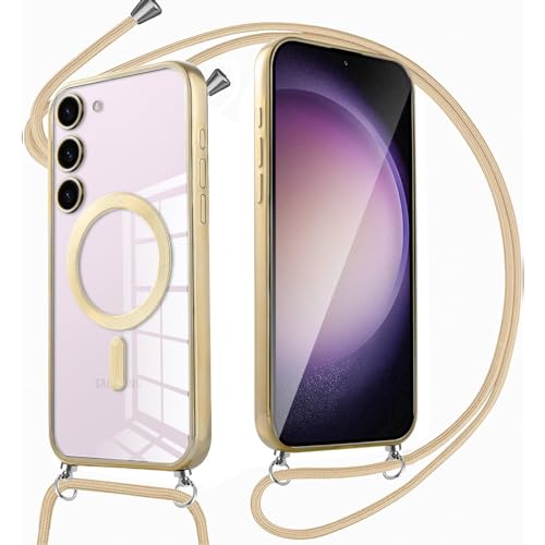 Oelrstfe Handykette Handyhülle für Samsung Galaxy S23 5G Hülle Magnetisch mit Band, Durchsichtig Dünn TPU Silikon Case mit Kordel zum Umhängen Abnehmbar Kratzfeste Stoßfest Schutzhülle Necklace, Gold von Oelrstfe