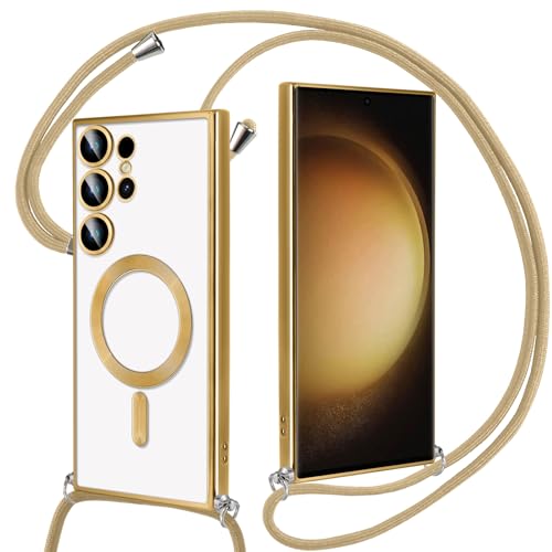 Oelrstfe Handykette Handyhülle für Samsung Galaxy S23 Ultra Hülle Magnetisch mit Band, Durchsichtig TPU Silikon Case mit Kordel zum Umhängen Abnehmbar Kratzfeste Stoßfest Schutzhülle Necklace, Gold von Oelrstfe