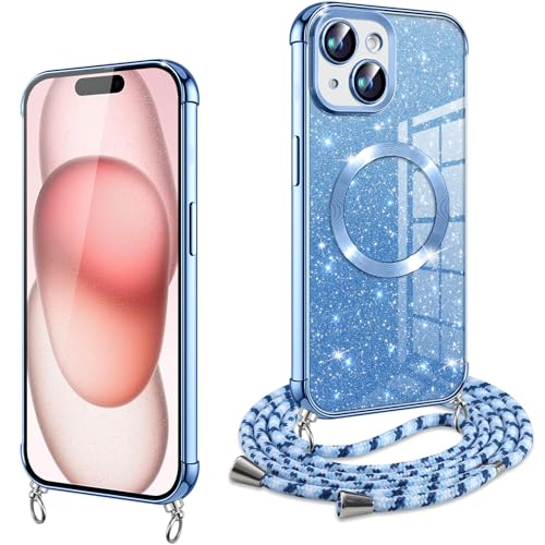 Oelrstfe Handykette Handyhülle für iPhone 15 Hülle Glitzer [Kompatibel mit MagSafe] Magnetisch mit Band, Dünn TPU Silikon Case mit Kordel zum Umhängen Stoßfest Schutzhülle, Blau von Oelrstfe