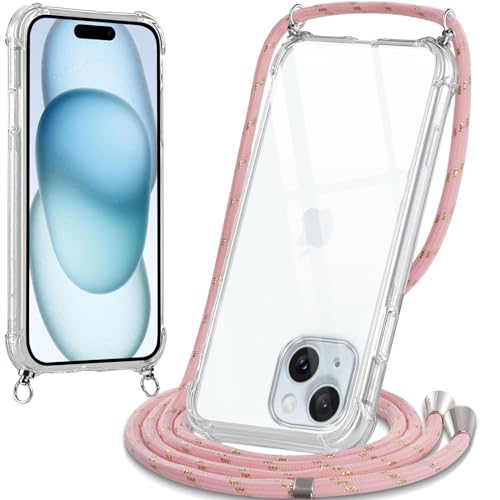 Oelrstfe Handykette Hülle mit Band für iPhone 15, Handyband zum Umhängen Handy Umhängeband Transparent TPU Stoßfest Silikon Handyhülle mit Kette für iPhone 15, Rosa von Oelrstfe