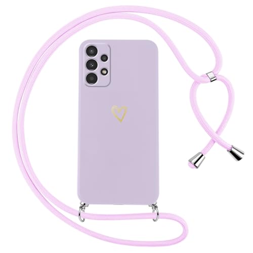 Oelrstfe Handykette für Samsung Galaxy A52s 5G/A52 4G/5G Hülle mit Band Herz Motiv Handyhülle für zum Umhängen Silikon Stoßfest Ultra Dünn Weich Schutzhülle mit Kordel Necklace Kette Case,Lila von Oelrstfe
