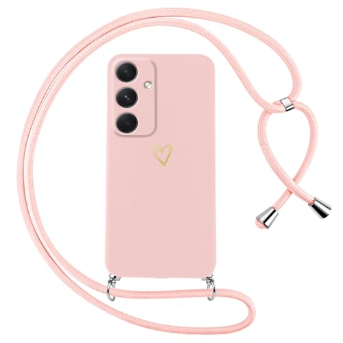 Oelrstfe Handykette für Samsung Galaxy A54 5G Hülle mit Band Herz Motiv Handyhülle für zum Umhängen Silikon Stoßfest Ultra Dünn Weich Schutzhülle mit Kordel Necklace Kette Gold Love Muster Case,Rosa von Oelrstfe