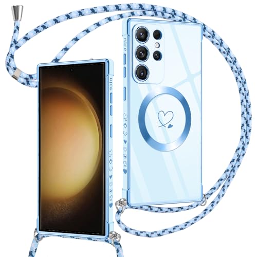 Oelrstfe Handykette für Samsung Galaxy S23 Ultra Hülle mit Band, Kompatibel mit MagSafe, Ultra Dünn Magnetisch Silikon Handyhülle mit Herz Muster Schutzhülle mit Kordel für Samsung S23 Ultra, Blau von Oelrstfe