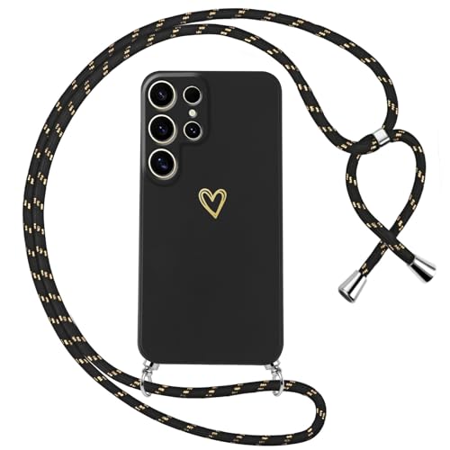 Oelrstfe Handykette für Samsung Galaxy S24 Ultra 5G Hülle mit Band Herz Motiv Handyhülle für zum Umhängen Silikon Stoßfest Ultra Dünn Weich Schutzhülle mit Kordel Kette Gold Love Muster Case,Schwarz von Oelrstfe