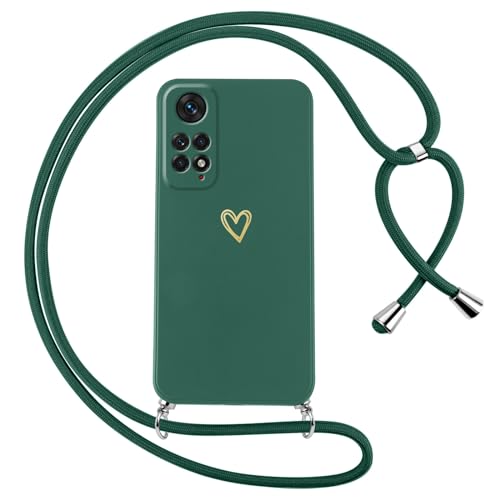 Oelrstfe Handykette für Xiaomi Redmi Note 11/Note 11S Hülle mit Band Herz Motiv Handyhülle für zum Umhängen Silikon Stoßfest Ultra Dünn Weich Schutzhülle mit Kordel Kette Gold Love Muster Case,Grün von Oelrstfe