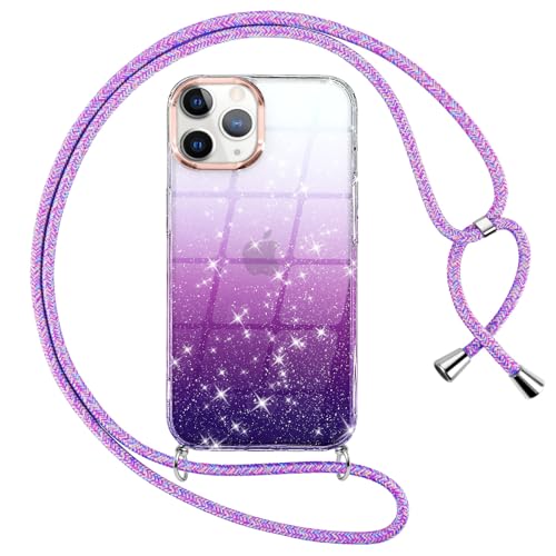 Oelrstfe Handykette für iPhone 11 Pro Max Hülle Glitzer mit Band Handyhülle für zum Umhängen Silikon Transparent Stoßfest Gradient Glitter Schutzhülle mit Kordel Necklace Kette Schnur Case,Lila von Oelrstfe