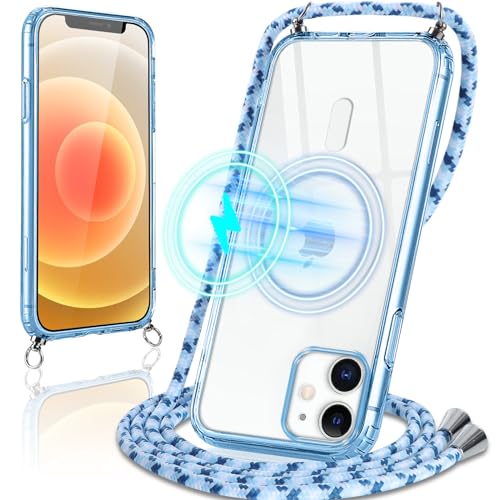 Oelrstfe Handykette für iPhone 12/iPhone 12 Pro Hülle mit Band, Kompatibel mit MagSafe, Transparent Magnetische Handyhülle mit Kordel Necklace, Ultra-Dünne TPU Silikon Schutzhülle für iPhone 12, Blau von Oelrstfe