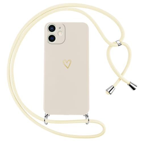 Oelrstfe Handykette für iPhone 12 Mini Hülle mit Band Herz Motiv Handyhülle für zum Umhängen Silikon Stoßfest Ultra Dünn Weich Schutzhülle mit Kordel Necklace Kette Love Muster Case,Weiß von Oelrstfe