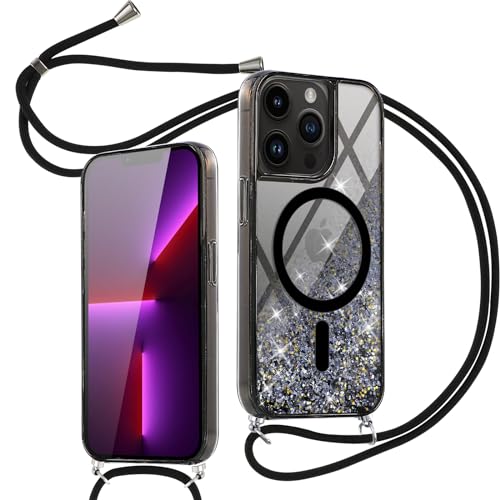 Oelrstfe Handykette für iPhone 13 Pro Max Hülle mit Band,Magnetisch Glitzer Treibsand Schutzhülle mit Kordel Lanyard zum Umhängen,Silikon Transluzente Stoßfest PC+TPU Bumper Case mit Necklace,Schwarz von Oelrstfe