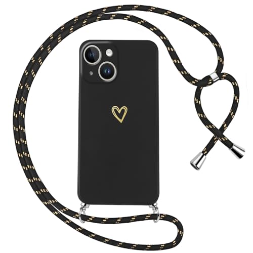 Oelrstfe Handykette für iPhone 14/13 Hülle mit Band Herz Motiv Handyhülle für zum Umhängen Silikon Stoßfest Ultra Dünn Weich Schutzhülle mit Kordel Necklace Kette Gold Love Muster Case Cover,Schwarz von Oelrstfe