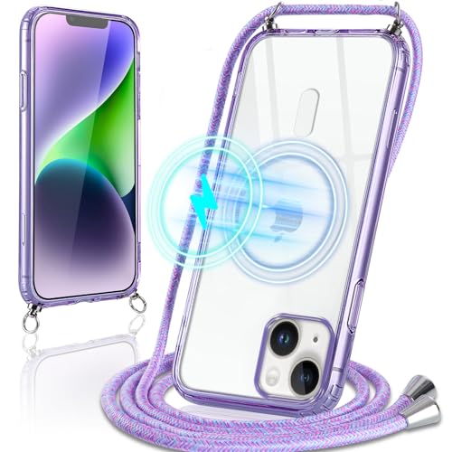 Oelrstfe Handykette für iPhone 14 Plus Hülle mit Band, Kompatibel mit MagSafe, Transparent Magnetische Handyhülle mit Kordel Necklace, Ultra-Dünne TPU Silikon Schutzhülle für iPhone 14Plus, Violett von Oelrstfe