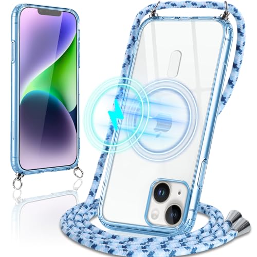 Oelrstfe Handykette für iPhone 14 Plus Hülle mit Band, Kompatibel mit MagSafe, Transparent Magnetische Handyhülle mit Kordel Necklace, Ultra-Dünne TPU Silikon Schutzhülle für iPhone 14Plus, Blau von Oelrstfe