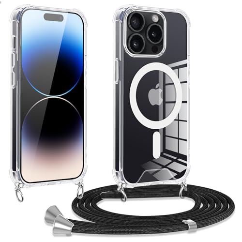 Oelrstfe Handykette für iPhone 14 Pro Hülle mit Band,Transparent Silikon Magnetische Handyhülle mit Kordel Kette zum Umhängen Kratzfeste Stoßfeste Magnetisch Schutzhülle,Necklace (Schwarz) von Oelrstfe