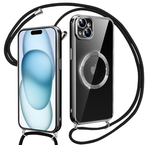 Oelrstfe Handykette für iPhone 15 Hülle mit Band, Kompatibel mit MagSafe, Aesthetic Magnetische Case mit Crystal Glitter, Handyhülle Durchsichtig Dünn Silikon Stoßfest mit Kette Kordel, Schwarz Oelrstfe Handykette für iPhone 15 Hülle mit Band, Kompatibel mit MagSafe, Aesthetic Magnetische Case mit Crystal Glitter, Handyhülle Durchsichtig Dünn Silikon Stoßfest mit Kette Kordel, Schwarz von Oelrstfe