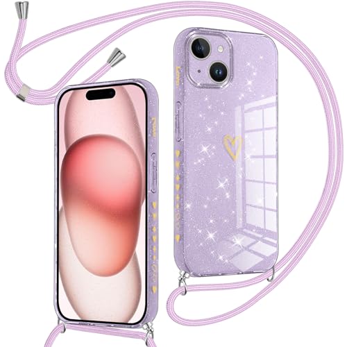 Oelrstfe Handykette für iPhone 15 Hülle mit Band,Glitzer Herz Motiv Handyhülle mit Kordel zum Umhängen,Weich Silikon Stoßfest Glitter Schutzhülle,Necklace Kette Love Muster Case,Lila von Oelrstfe