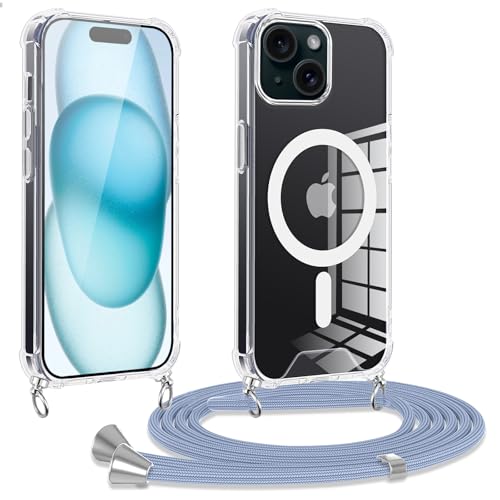 Oelrstfe Handykette für iPhone 15 Hülle mit Band,Transparent Silikon Magnetische Handyhülle mit Kordel Kette zum Umhängen Kratzfeste Stoßfeste Magnetisch Schutzhülle,Necklace (Blau) von Oelrstfe
