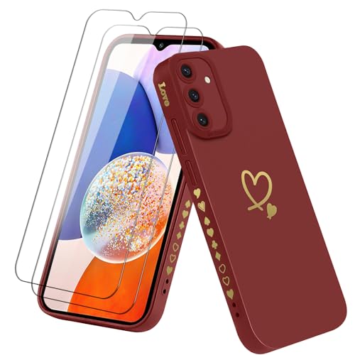 Oelrstfe Hülle für Samsung Galaxy A14 5G mit 2 Schutzfolie Handyhülle mit Herz Motiv Muster Mädchen Weiches Dünne Silikon TPU Stoßfest Kratzfeste Schutzhülle, Case für Samsung Galaxy A14 5G, Rot von Oelrstfe