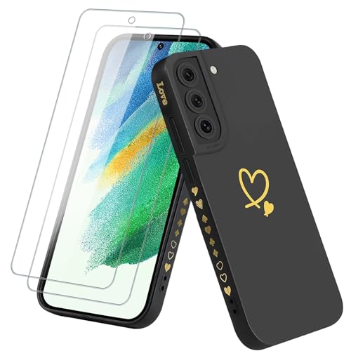 Oelrstfe Hülle für Samsung Galaxy S21 FE 5G mit 2 Schutzfolie Handyhülle mit Herz Motiv Muster Mädchen Weiches Dünne Silikon TPU Stoßfest Kratzfeste Schutzhülle,Case für Samsung S21 FE 5G, Schwarz von Oelrstfe