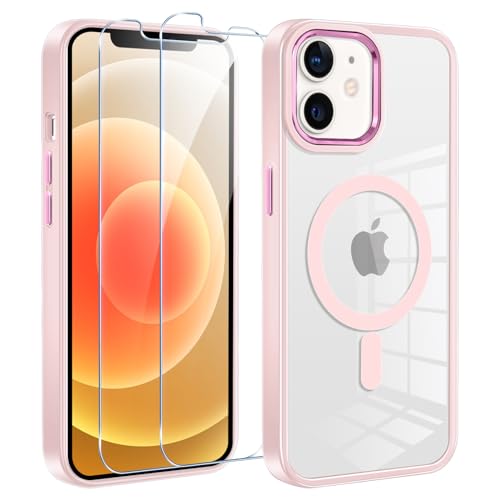 Oelrstfe Magnetisch Handyhülle für iPhone 12/iPhone 12 Pro mit 2 Stück Schutzfolie, Kompatibel mit MagSafe, Weiche TPU Silikon Transparent Stoßfest Schutzhülle für iPhone 12, Rosa von Oelrstfe