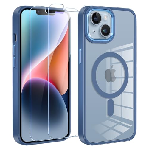 Oelrstfe Magnetisch Handyhülle für iPhone 14/iPhone 13 mit 2 Stück Schutzfolie, Kompatibel mit MagSafe, Weiche TPU Silikon Transparent Stoßfest Schutzhülle für iPhone 14, Blau von Oelrstfe