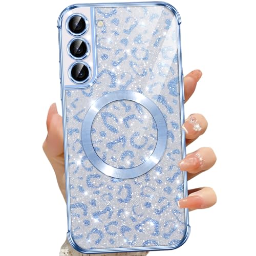 Oelrstfe Magnetisch Hülle für Samsung Galaxy S21 5G, Kompatibel mit MagSafe, Transparent Silikon TPU Handyhülle mit Leoparden Muster Motive Glitzer Karte, Kratzfeste Stoßfest für Samsung S21 5G, Blau von Oelrstfe