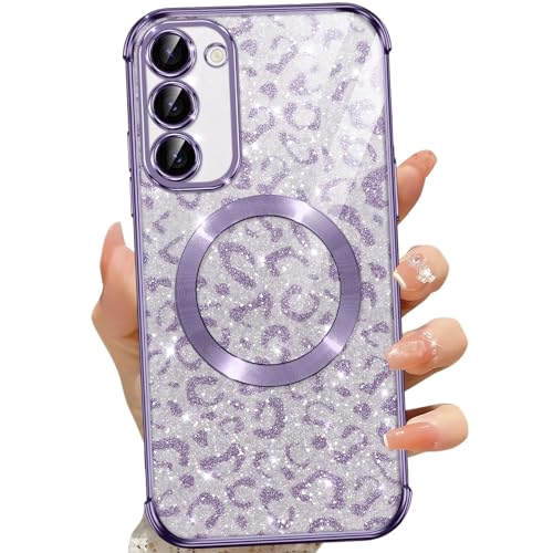 Oelrstfe Magnetisch Hülle für Samsung Galaxy S23 5G, Kompatibel mit MagSafe, Transparent Silikon TPU Handyhülle mit Leoparden Muster Motive Glitzer Karte, Kratzfeste Stoßfest für Samsung S23, Violett von Oelrstfe